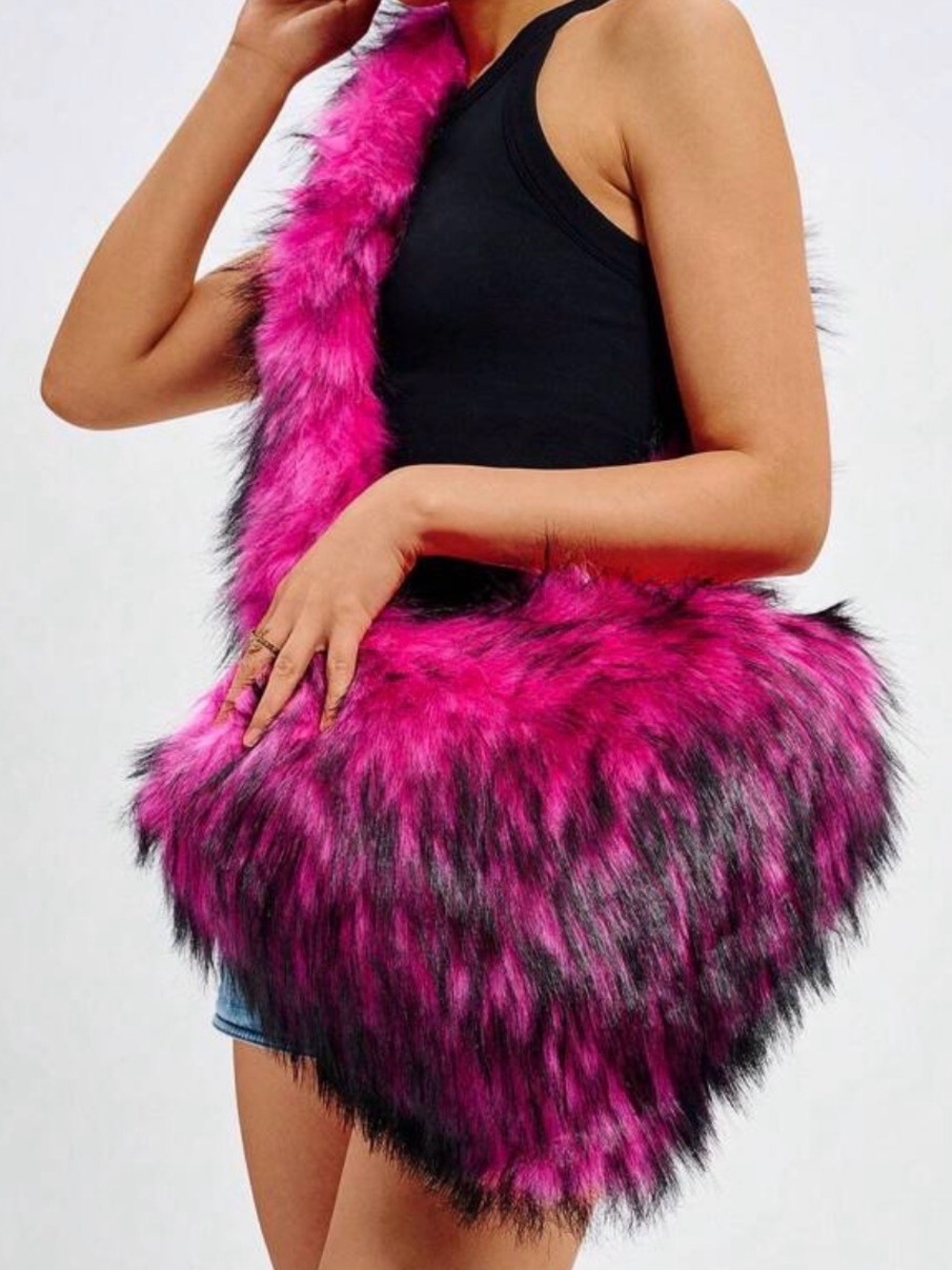 Faux Fur Heart Shoulder Bag in Hot Pink - Picture 3 of 7